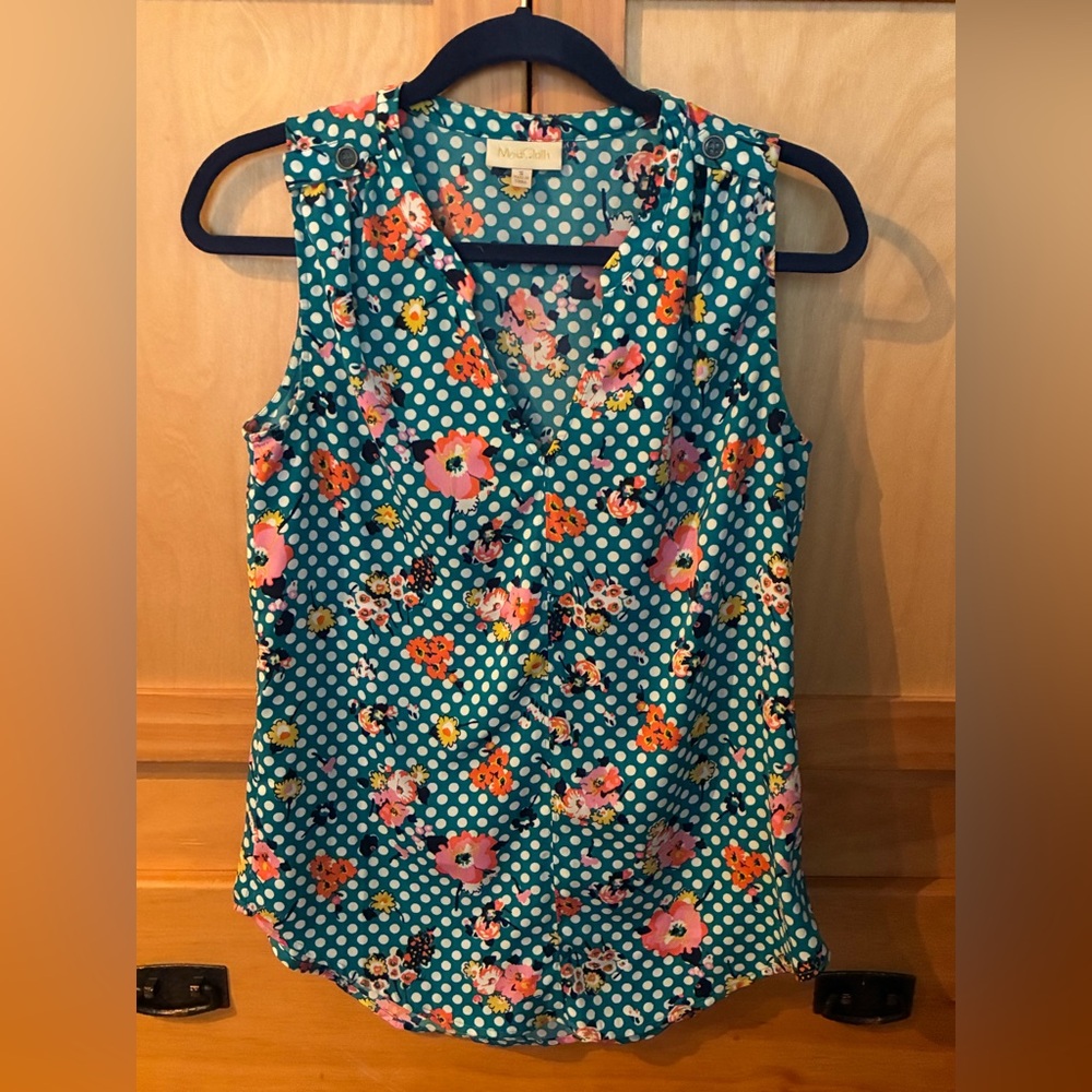 ModCloth Teal Polka Dot Floral Sleeveless Blouse Size Small